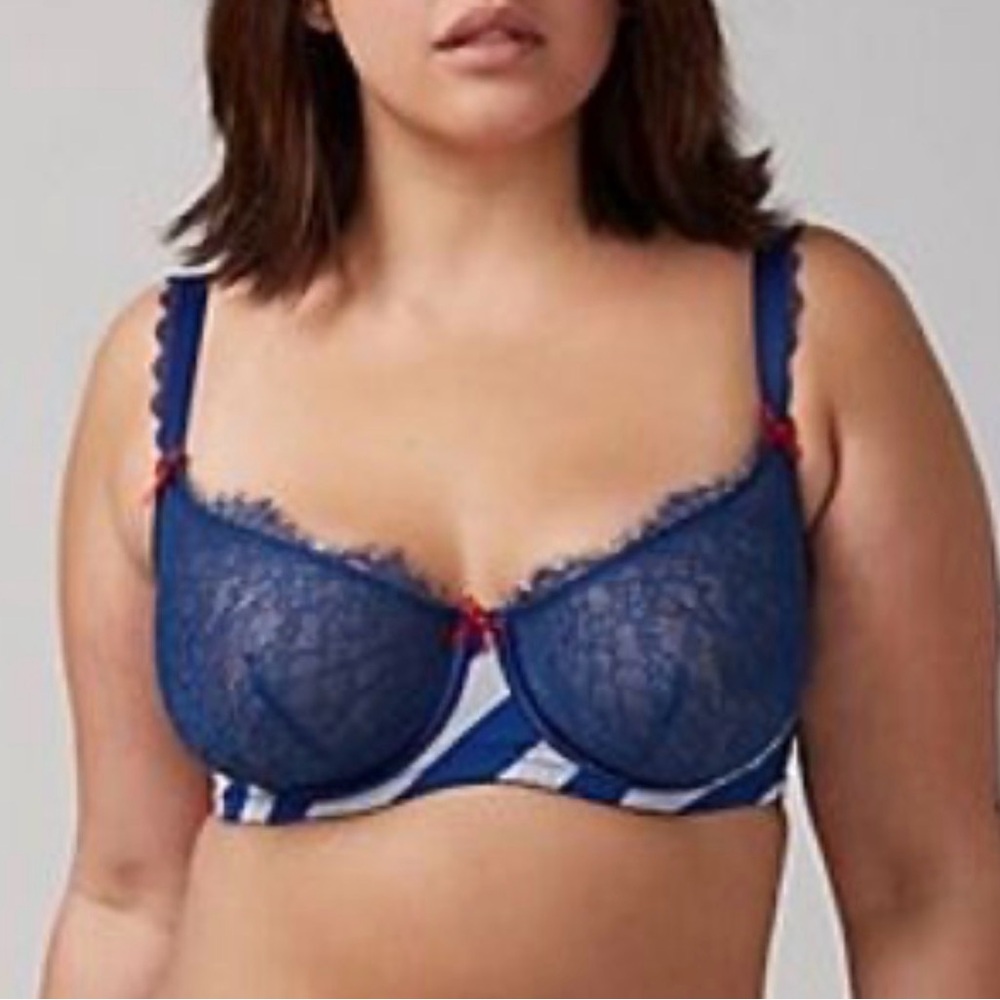 Cacique Balconette Underwire Bra Navy White Striped Nautical Patriotic, size 44C